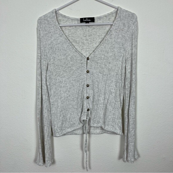 Lulu's Button Down Sweater with Drawstring Tie Front- Gray- Size Small - Picture 1 of 3